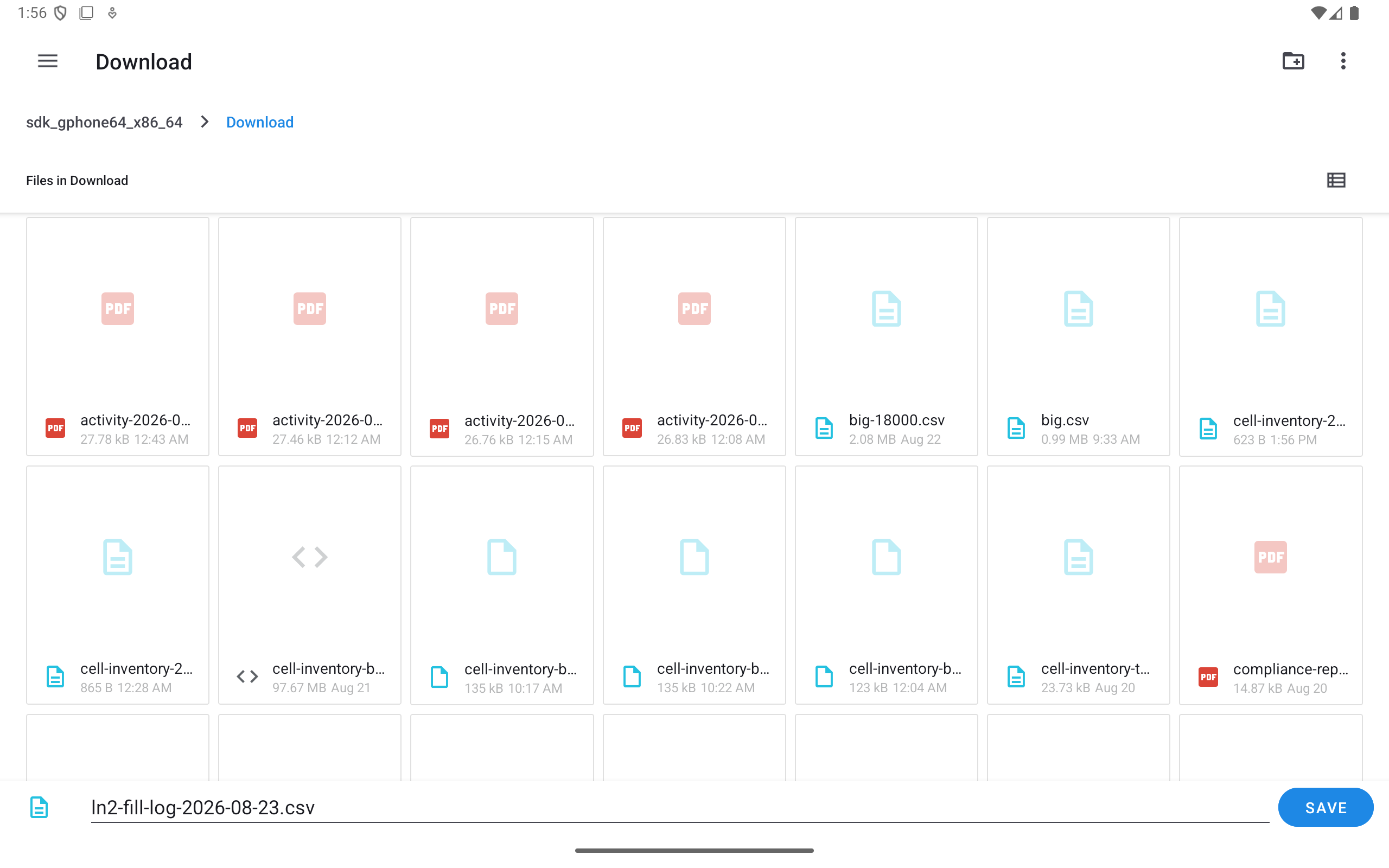 Android document picker proposing ln2-fill-log-2026-08-23.csv after the inventory file was saved.