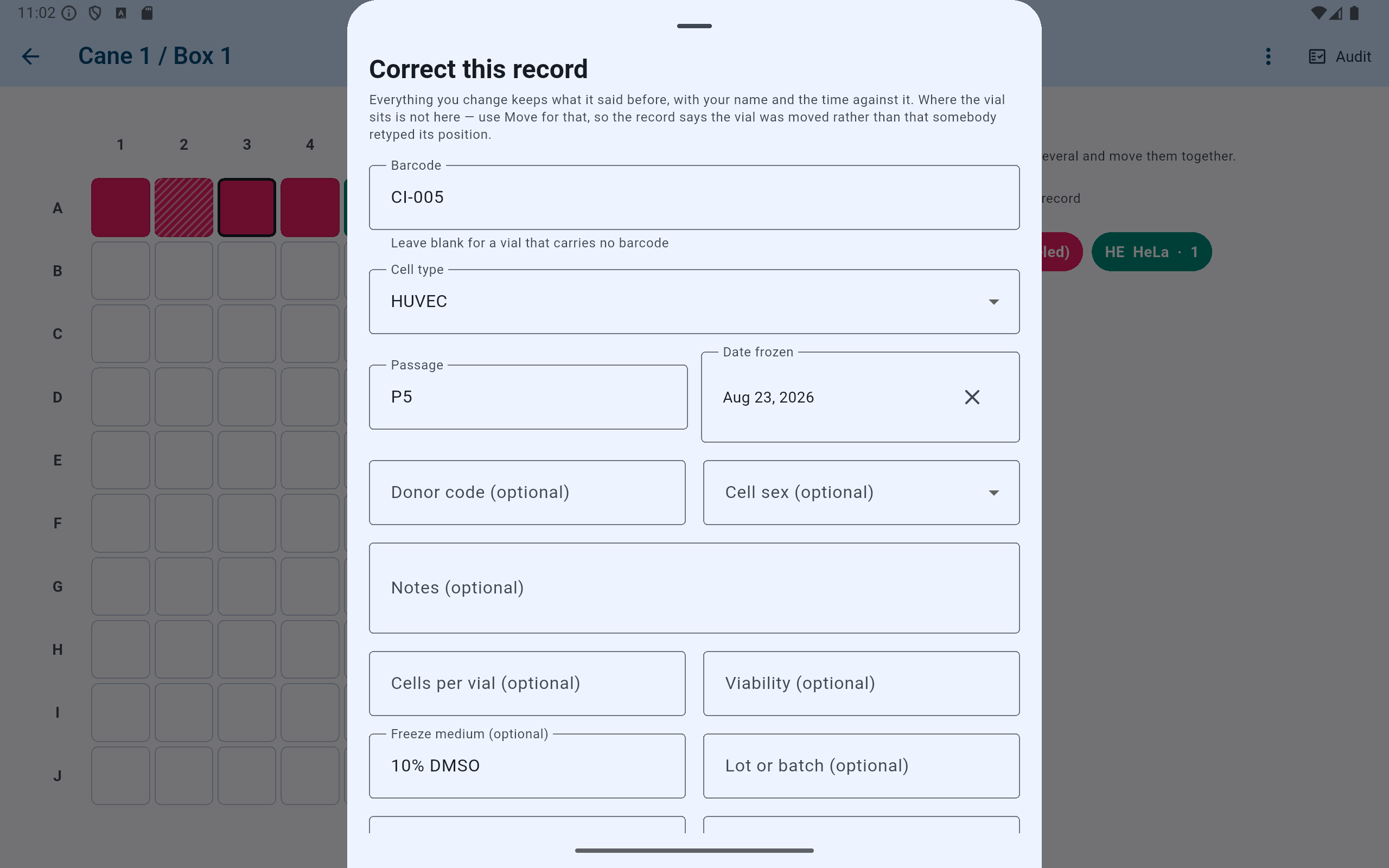 CryoIndex correction form showing the current barcode, cell type, passage, freeze date, and optional vial metadata.