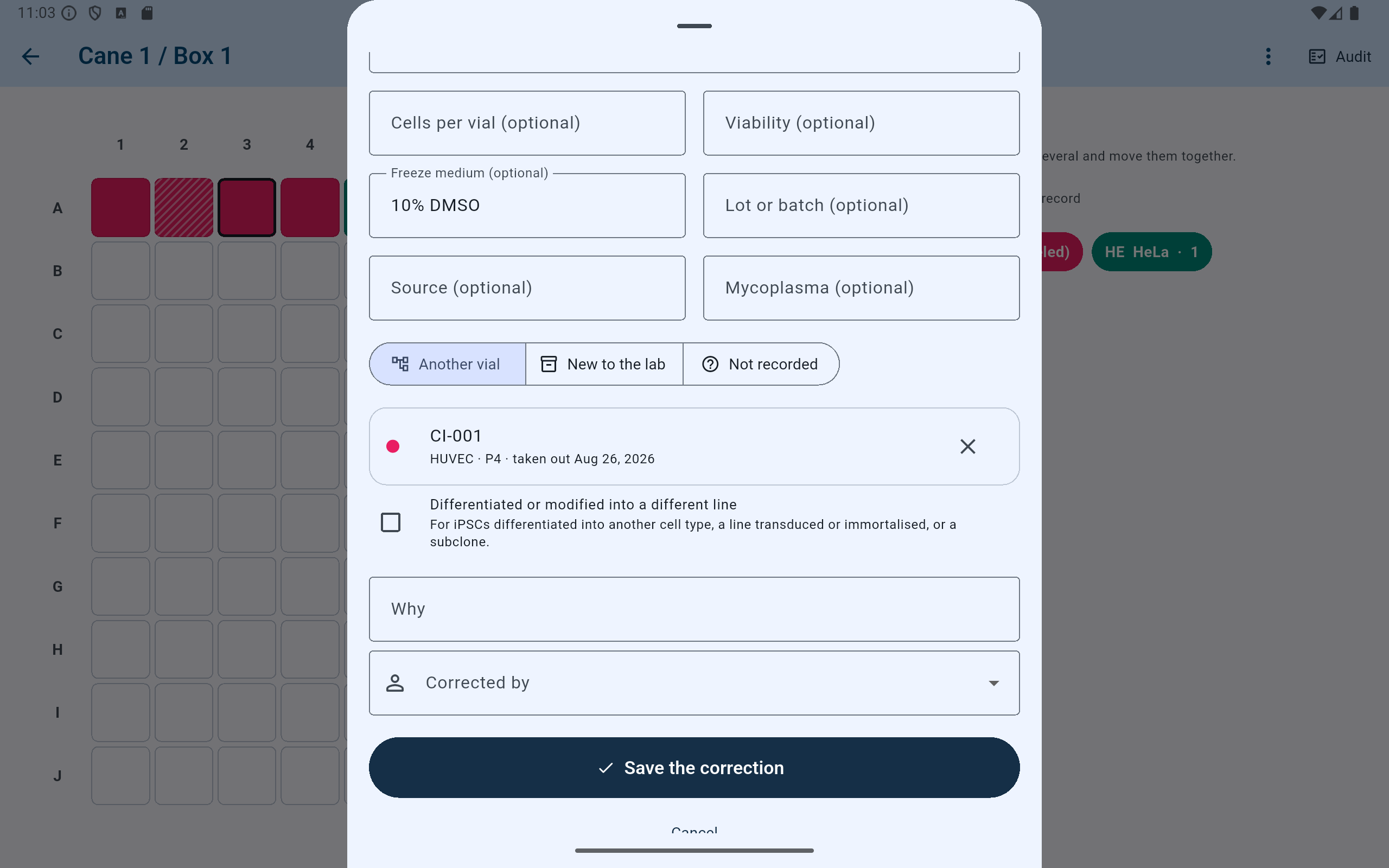 Lower CryoIndex correction form showing the Origin control with CI-001 as the recorded parent, a Differentiated or modified into a different line checkbox, a Why box, a Corrected by picker, and Save the correction.