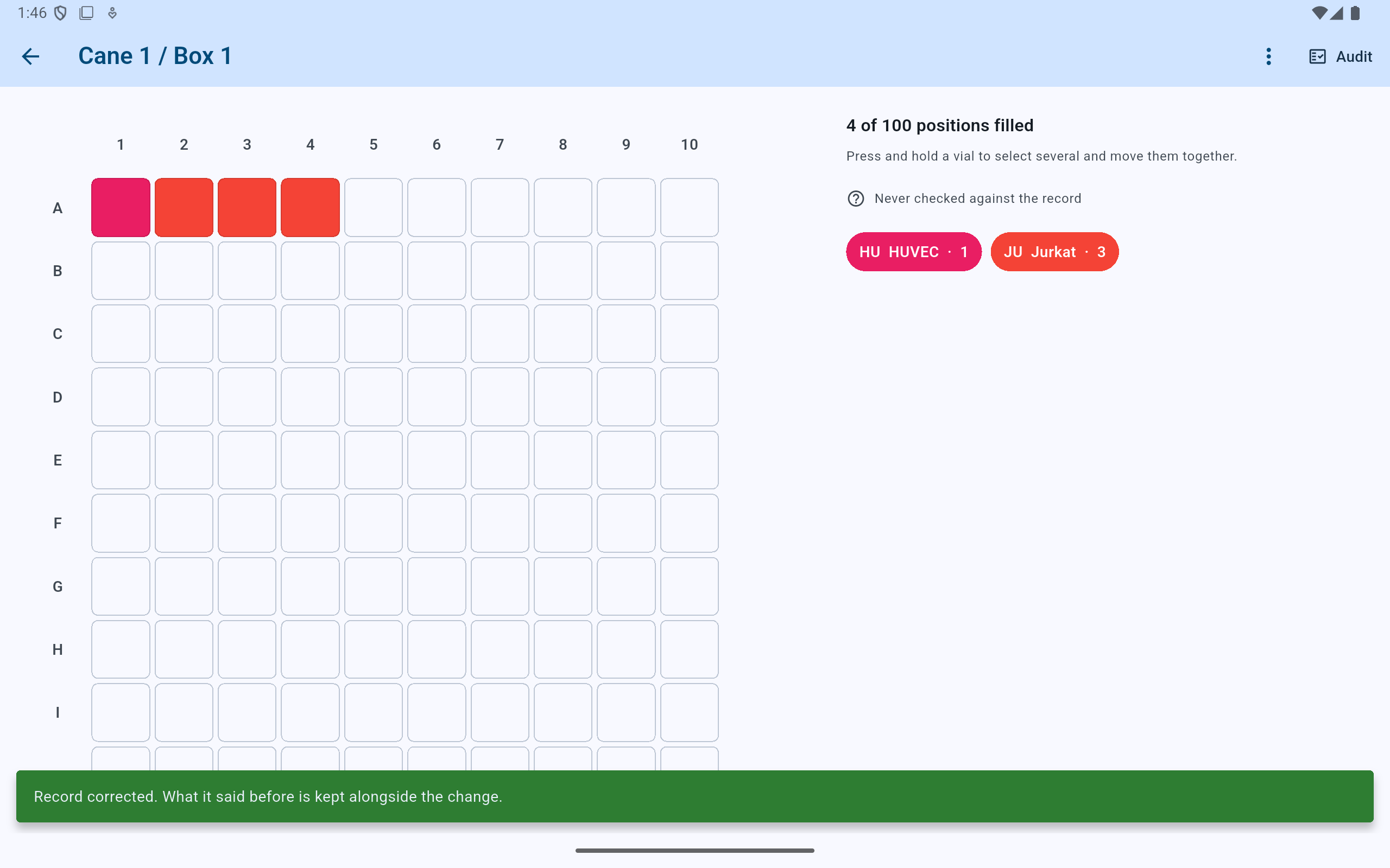 CryoIndex box grid with a green confirmation that the record was corrected and its former value was kept alongside the change.