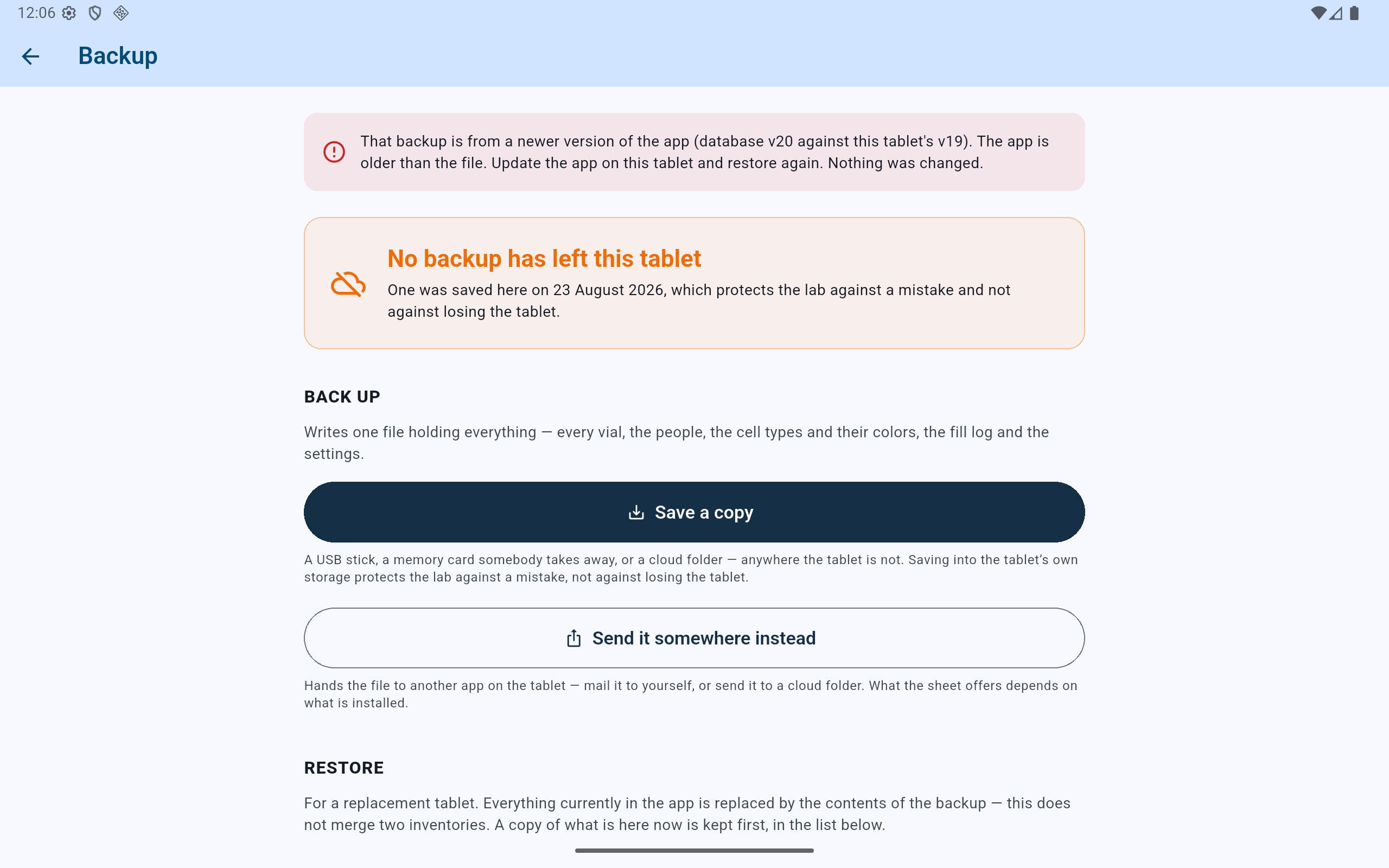 CryoIndex refusing a backup from database version 20 on an app using database version 19 and instructing the user to update the app.