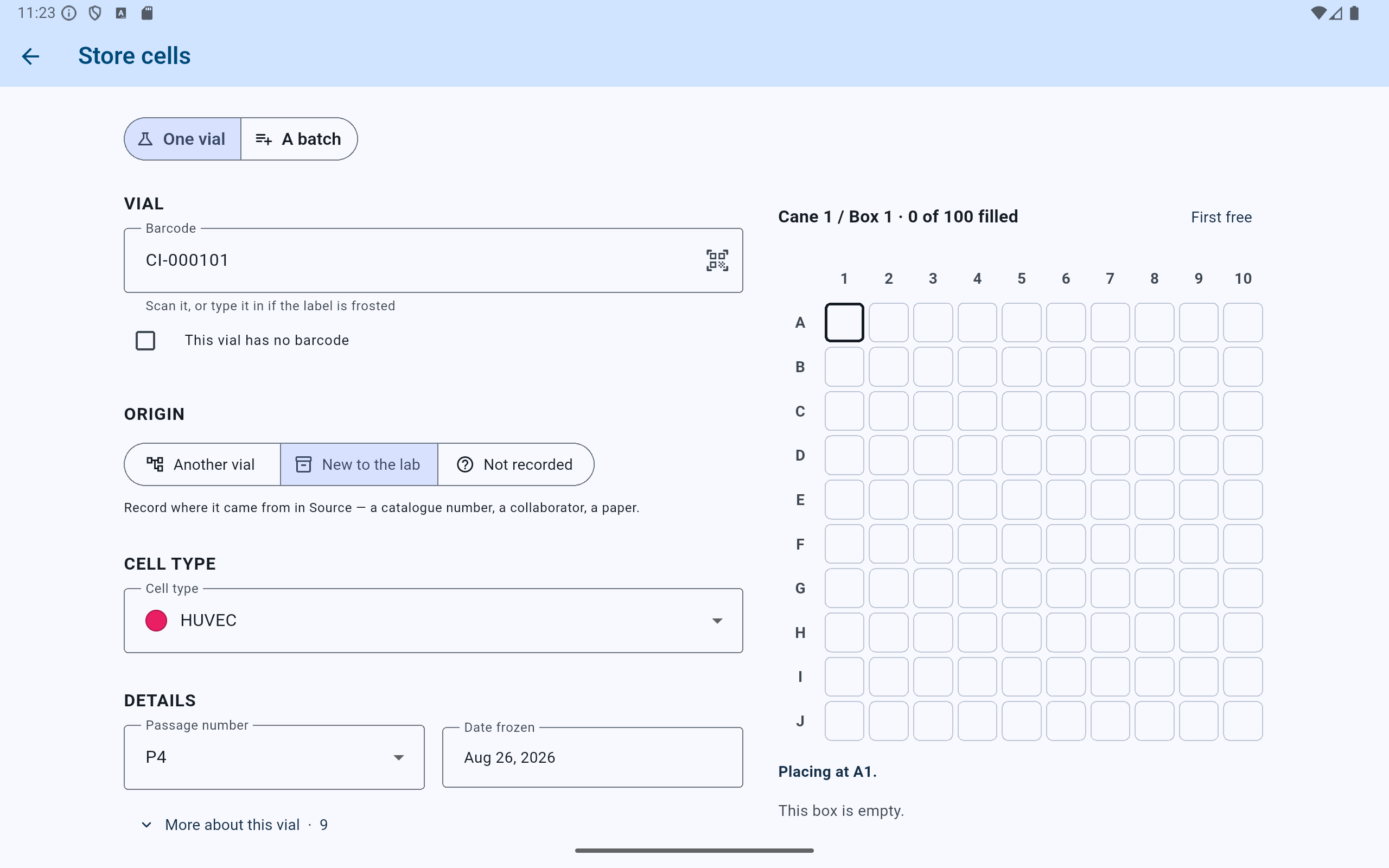 CryoIndex one-vial storage form showing barcode CI-000101, an Origin control set to New to the lab, HUVEC cell type, passage P4, freeze date, and an empty 10 by 10 box grid with A1 outlined.
