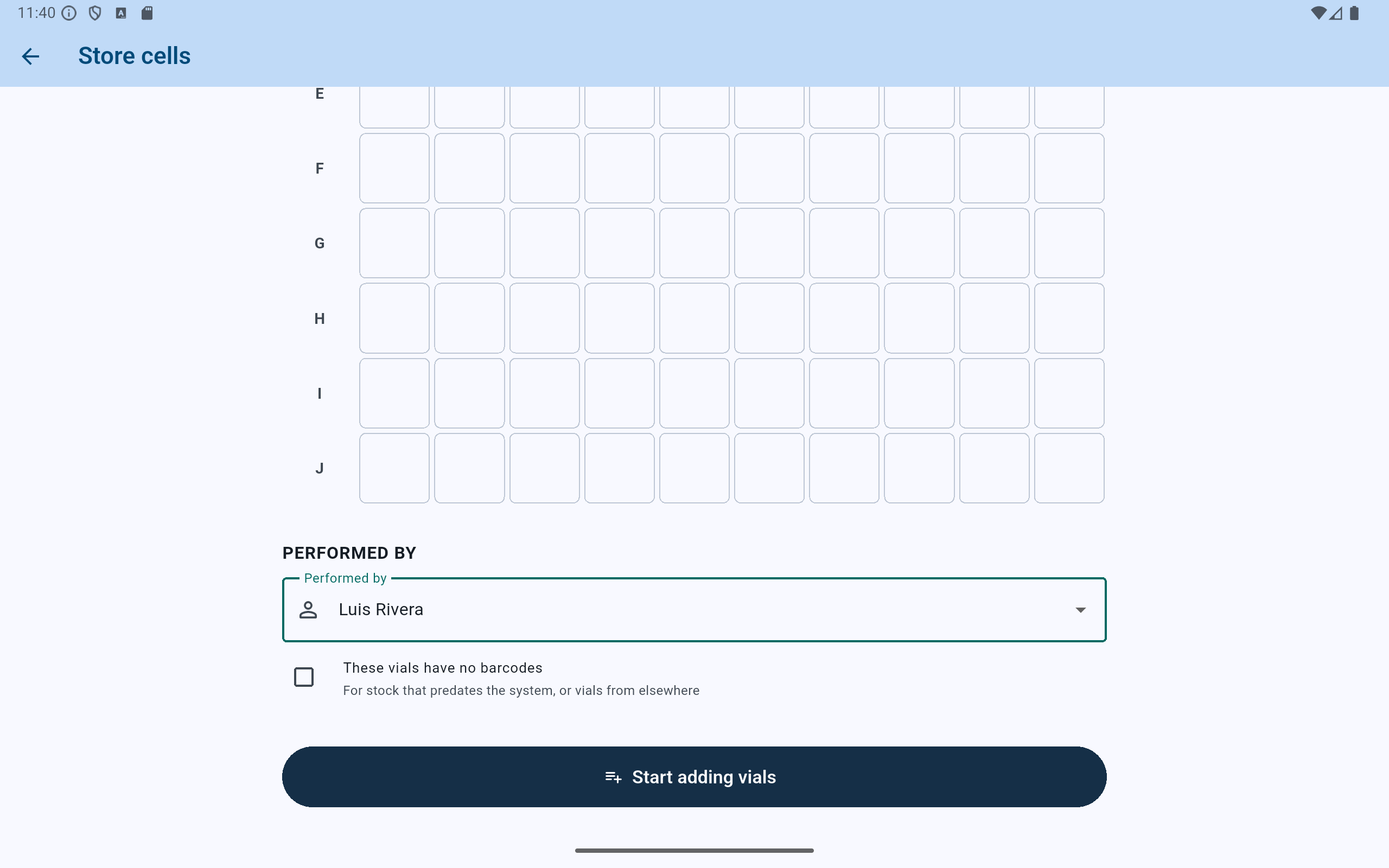 Lower batch setup form showing the box grid, Luis Rivera as operator, an unchecked unbarcoded-vials option, and Start adding vials.
