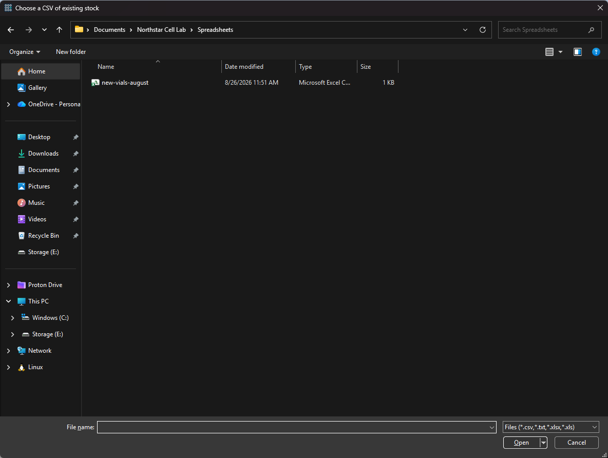 Windows Open dialog titled Choose a CSV of existing stock, showing a lab spreadsheets folder in Documents.