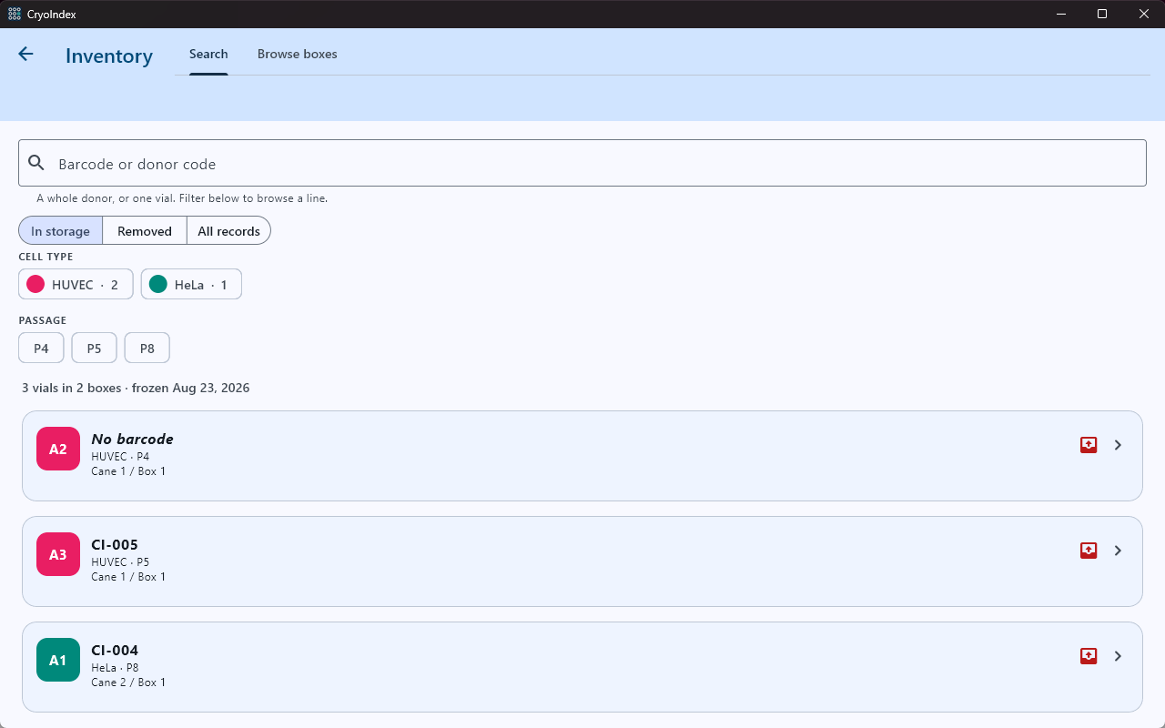 Windows inventory search showing a Barcode or donor code field and separate record filters.