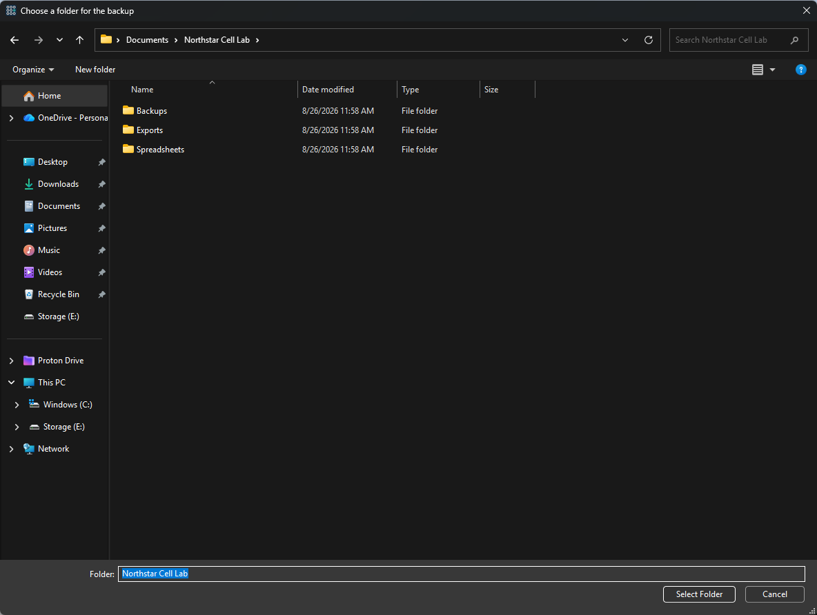 Windows folder picker titled Choose a folder for the backup, showing a lab folder in Documents with Backups, Exports and Spreadsheets inside it.