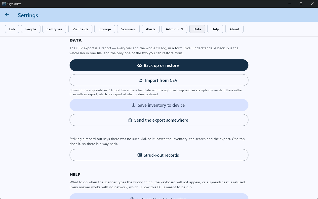 CryoIndex Windows Data settings with backup, CSV import, export, and struck-out records.